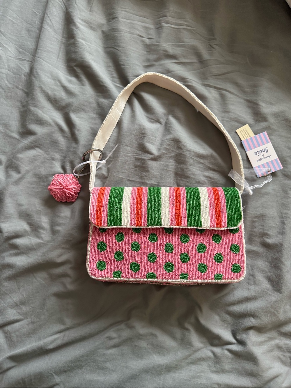 Pink Beaded Crossbody Bag with Stripes and Polka Dots Handmade in India New